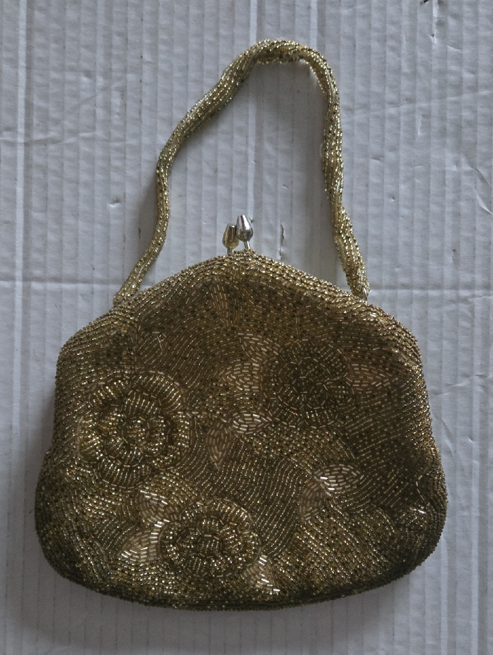 Vintage Evening Bag Fully Beading Gold Clutch Kiss Lock Made in Korea (24 in)